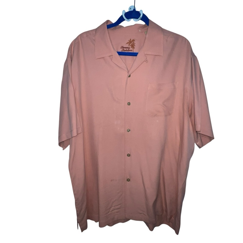 Tommy Bahama Men's 100% Silk Peach Short Sleeve Button‎ Up Shirt Size XL STAINS